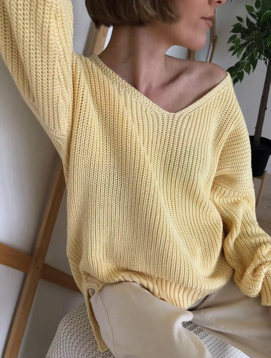 Damen lässiger Strickpullover mit tiefem V-Ausschnitt und seitlichen Schlitzen R&B