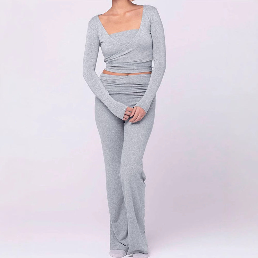 Damen modisches Two-Piece Set mit Wickeloberteil und Schlaghose R&B