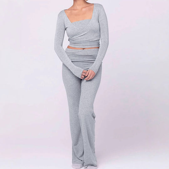 Damen modisches Two-Piece Set mit Wickeloberteil und Schlaghose R&B