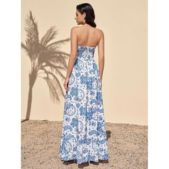 Damen Maxikleid im zeitlosen Paisleymuster mit schulterfreiem Design und voluminösem Saum R&B