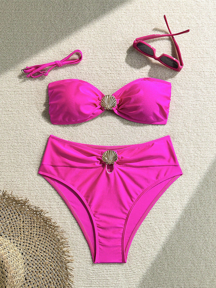 Damen Bandeau-Bikini mit elegantem Muschel-Detail und hohem Beinausschnitt R&B