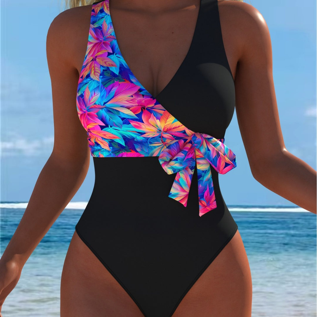 Damen Einteiler Badeanzug mit femininem Wickeldetail und auffälligem Floral-Design R&B