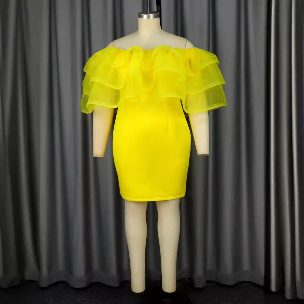 Damen Off-Shoulder-Kleid mit voluminösem Tüllvolant R&B