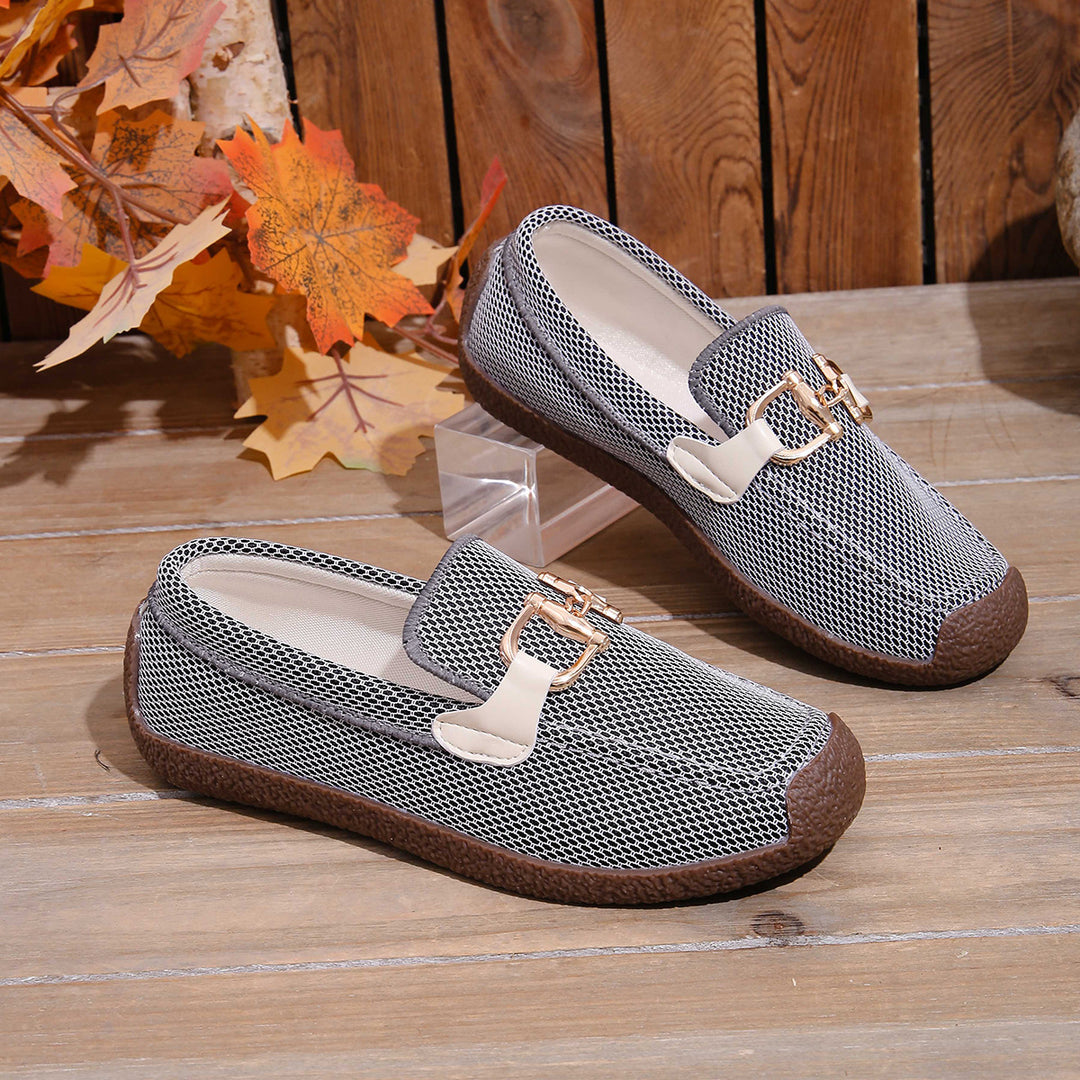 Damen leichte Slip-On Mokassins mit atmungsaktivem Mesh-Obermaterial und modischer Schnallenverzierung R&B