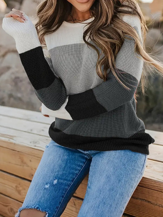 Damen modischer Strickpullover mit modernem Streifen-Design und langen Ärmeln R&B