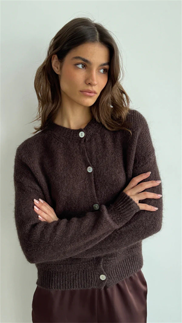 Damen kuschelige Strickjacke mit knöpfbarem Design und voluminösen Ärmeln R&B