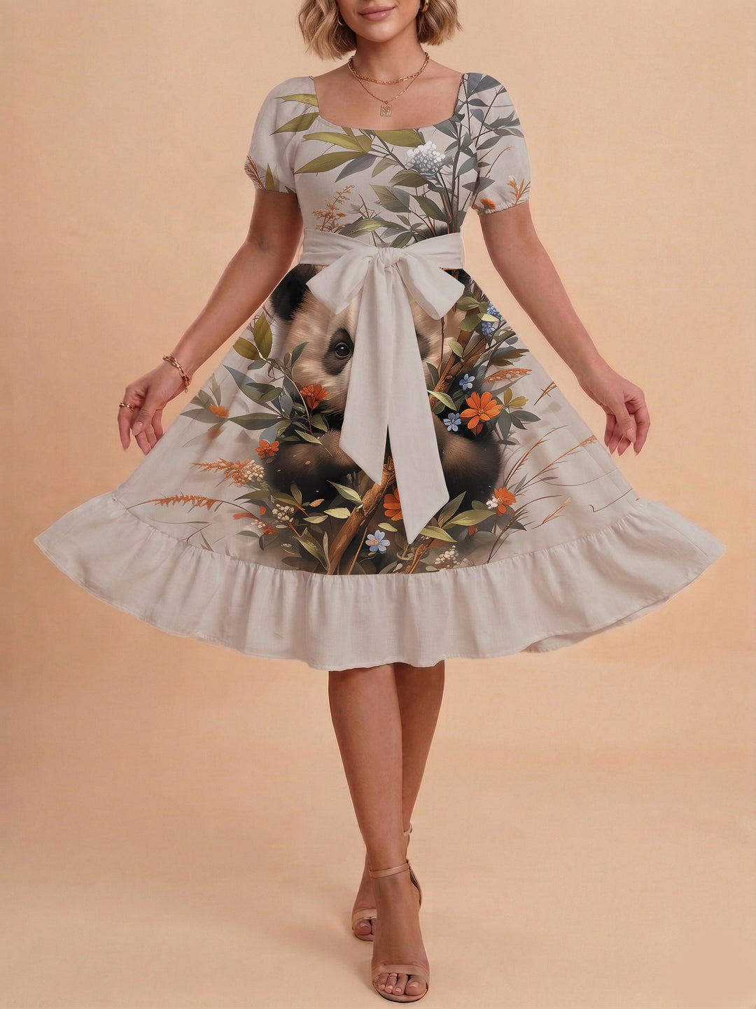 Damen Sommerliches Blumenkleid mit taillierbarem Gürtel und voluminösen Ärmeln R&B