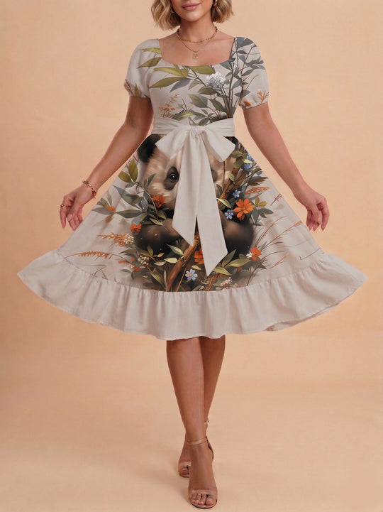 Damen Sommerliches Blumenkleid mit taillierbarem Gürtel und voluminösen Ärmeln R&B
