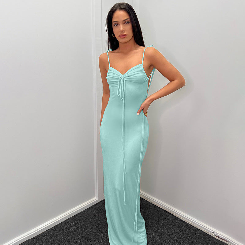 Damen Elegantes Maxikleid mit verstellbaren Spaghetti-Trägern und raffiniertem Kordelzug R&B