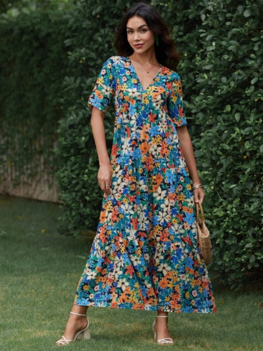 Damen Maxikleid mit voluminösen Rüschen und modischem V-Ausschnitt R&B
