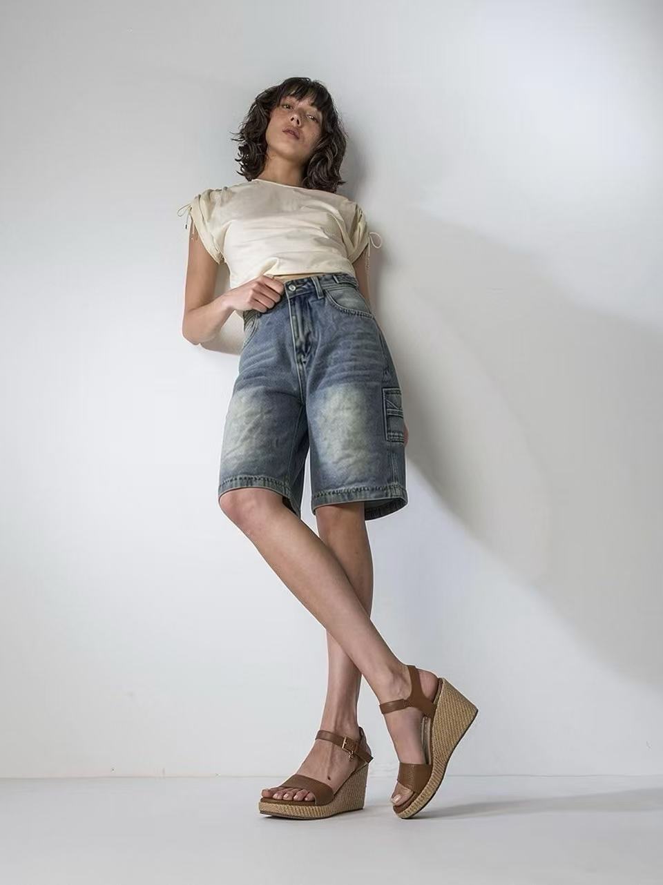 Damen lässige Denim-Shorts mit hohem Bund und weitem Schnitt R&B