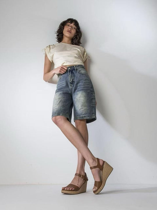 Damen lässige Denim-Shorts mit hohem Bund und weitem Schnitt R&B