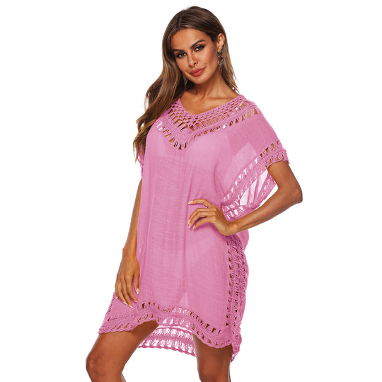 Damen Häkel-Strandüberwurf mit elegantem V-Ausschnitt und fransigen Details R&B