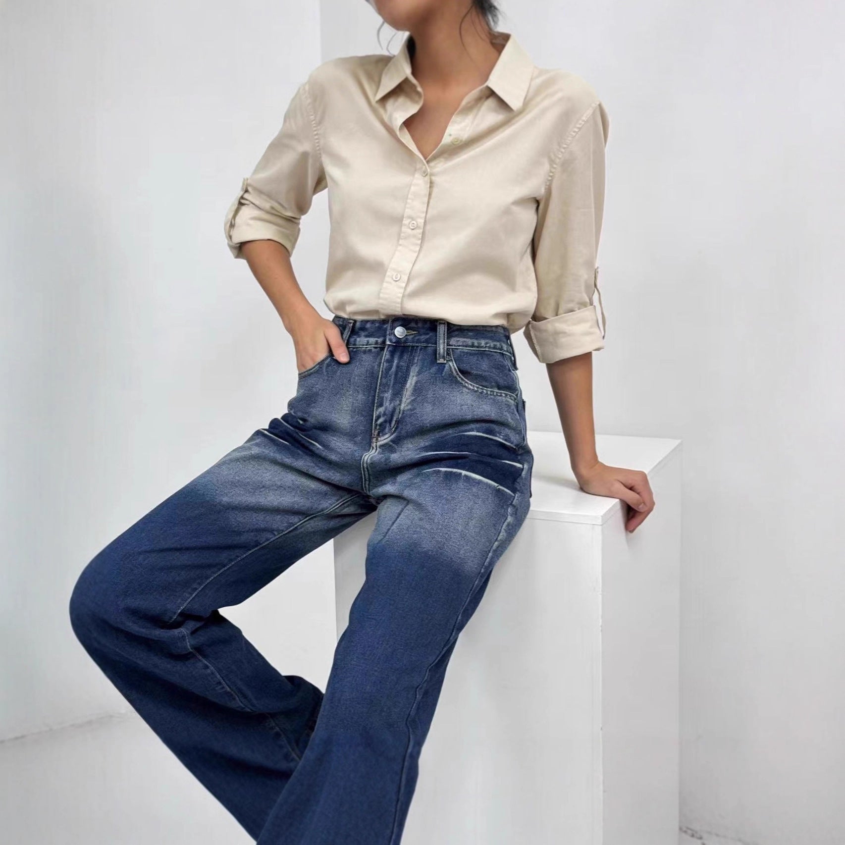 Damen Weite High-Waist Jeans mit Farbverlauf
