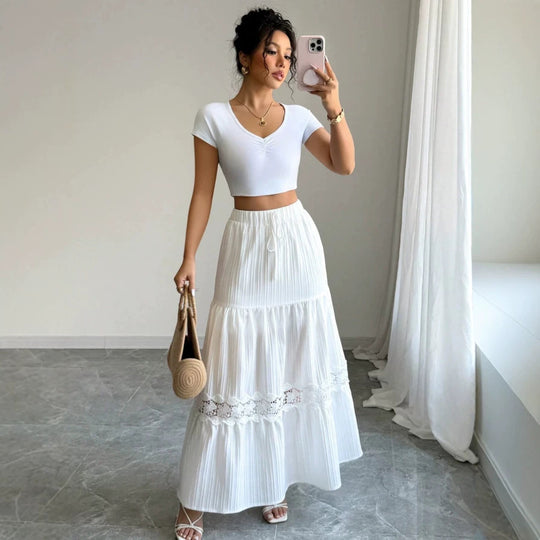 Damen Crop-Top und Maxi-Rock Set mit Rüschendetails R&B