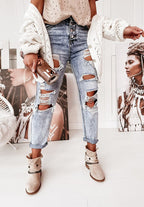Damen Destroyed Boyfriend Jeans Im Lässigen Vintage-Stil mit Hohem Bund R&B