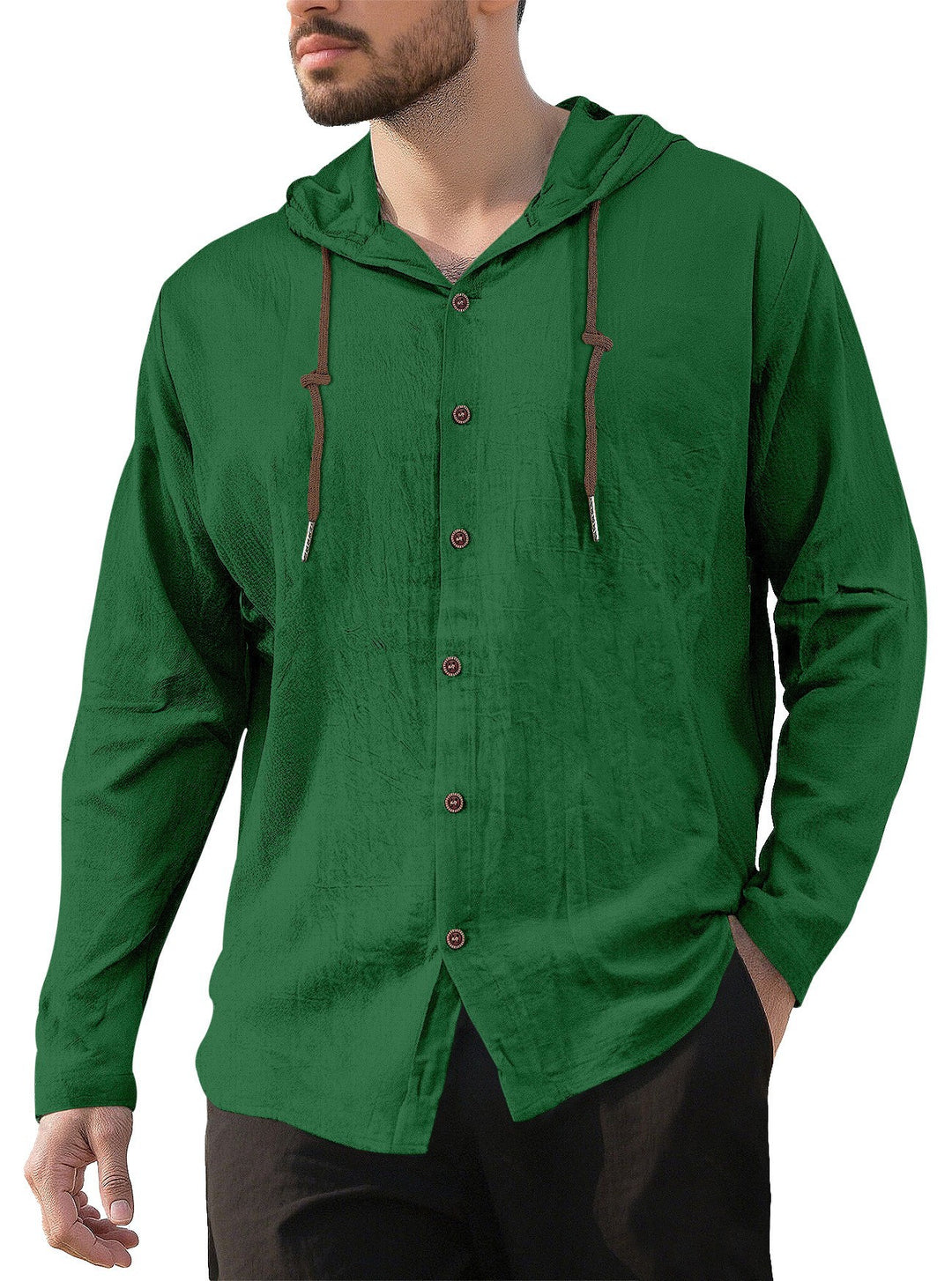 Herren nan Kapuzenhemd im Leinen-Look mit durchgehender Knopfleiste und Kordelzug R&B
