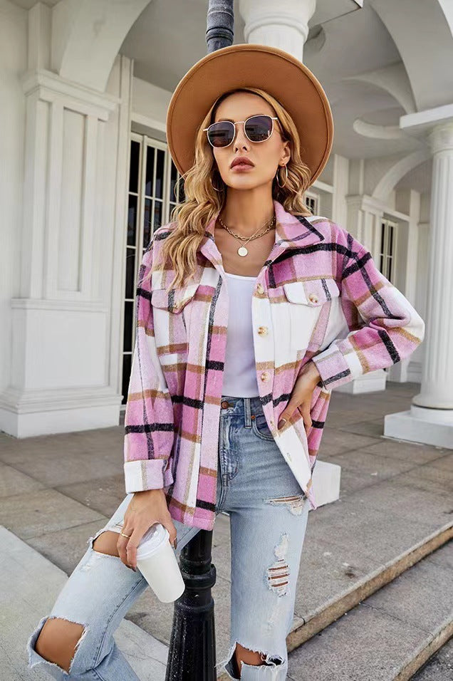 Damen Karierte Flanelljacke mit Knopfleiste und Taschen R&B