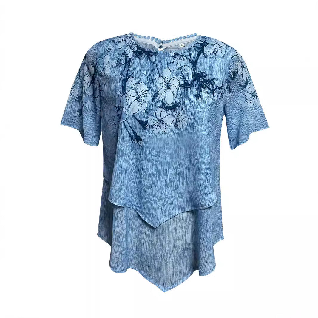 Damen nan zweilagiges Blusenkleid mit asymmetrischem Stufensaum, floraler Druckpasse und Flügelärmeln R&B