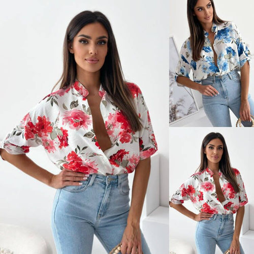 Damen Blumige Oversized Hemdbluse mit kurzen Ärmeln R&B