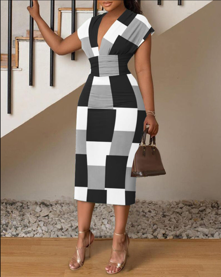 Damen Midi-Kleid mit modernem abstraktem Streifenmuster R&B