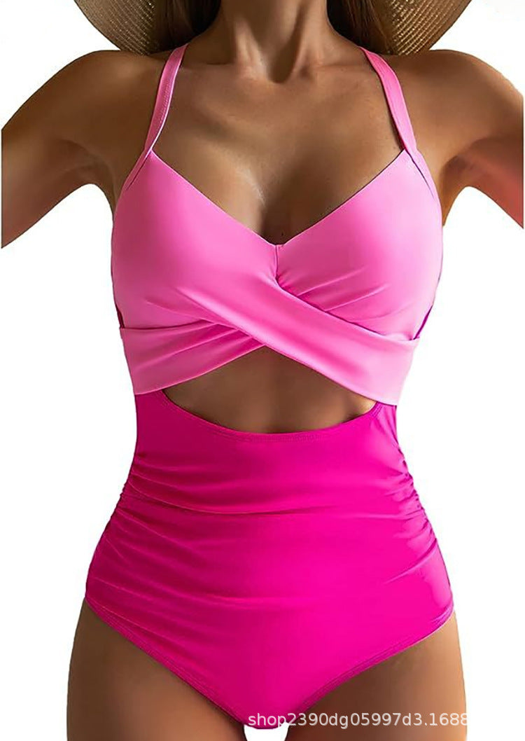 Damen Einteiler Badeanzug mit stylischem Wickeldesign und raffinierten Kreuzträgern