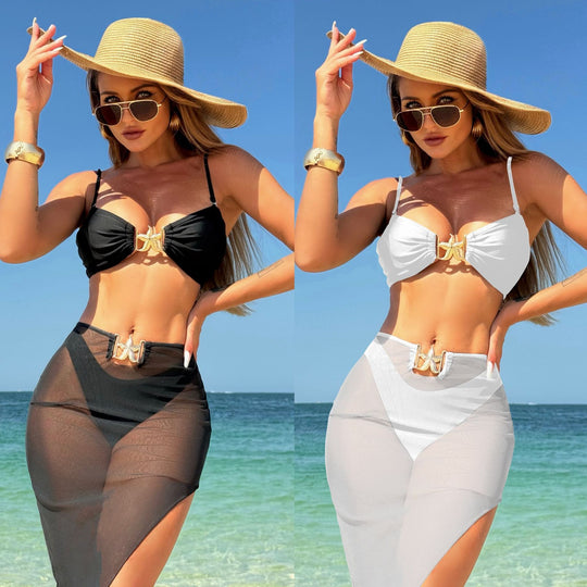 Damen Bikini mit einzigartiger Schnalle und transparentem Rock R&B