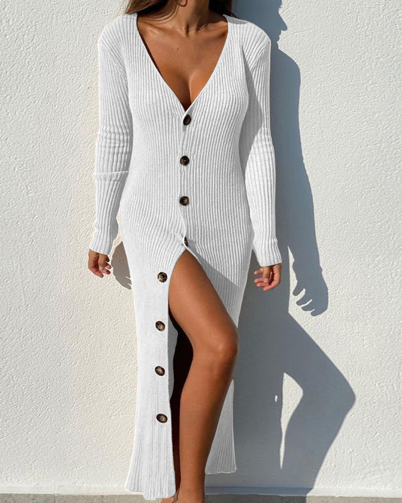 Damen Strickkleid mit Knopfleiste und Schlitzausschnitt R&B