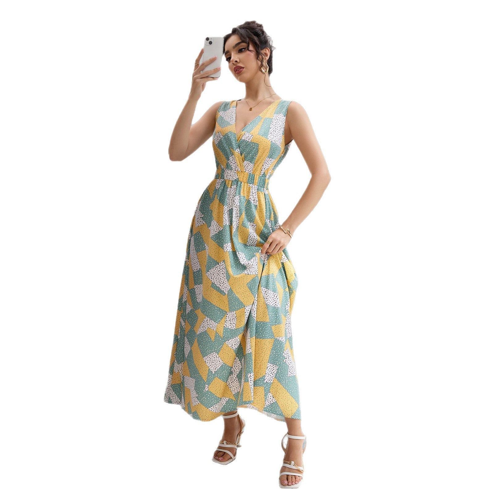 Damen Maxikleid mit geometrischem Design und tailliertem Schnitt R&B