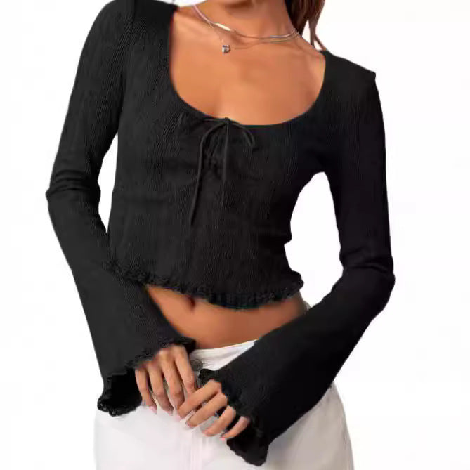 Damen Cropped Top mit Schnüroptik und Spitzenverzierungen R&B