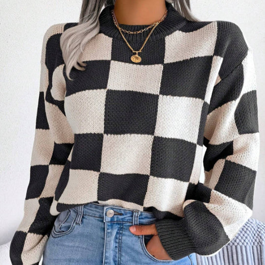 Damen Gemusterter Strickpullover mit Karomuster und modischem Rundhalsausschnitt R&B