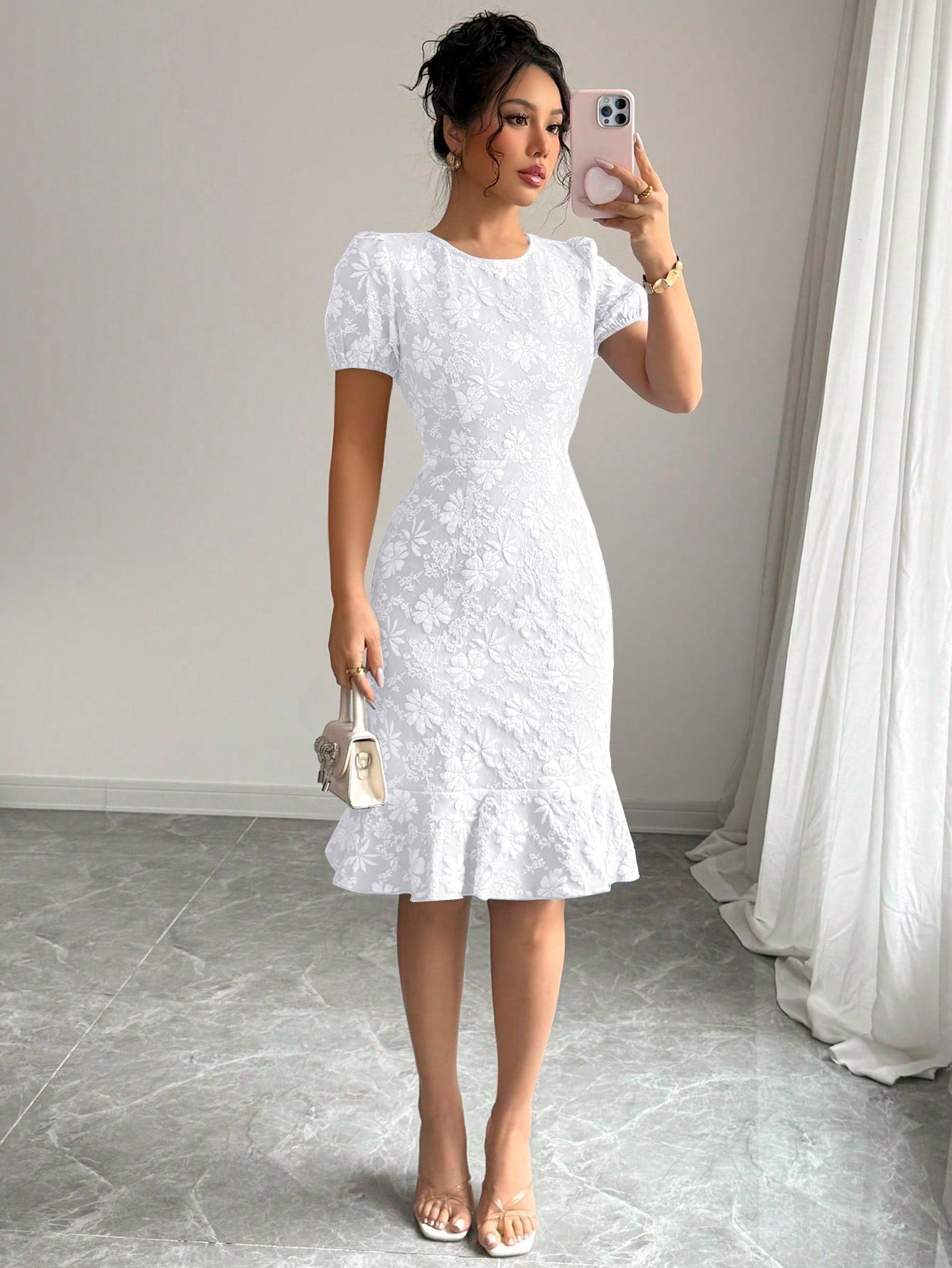 Damen Midi-Kleid mit floralen Applikationen und voluminösen Ärmeln R&B