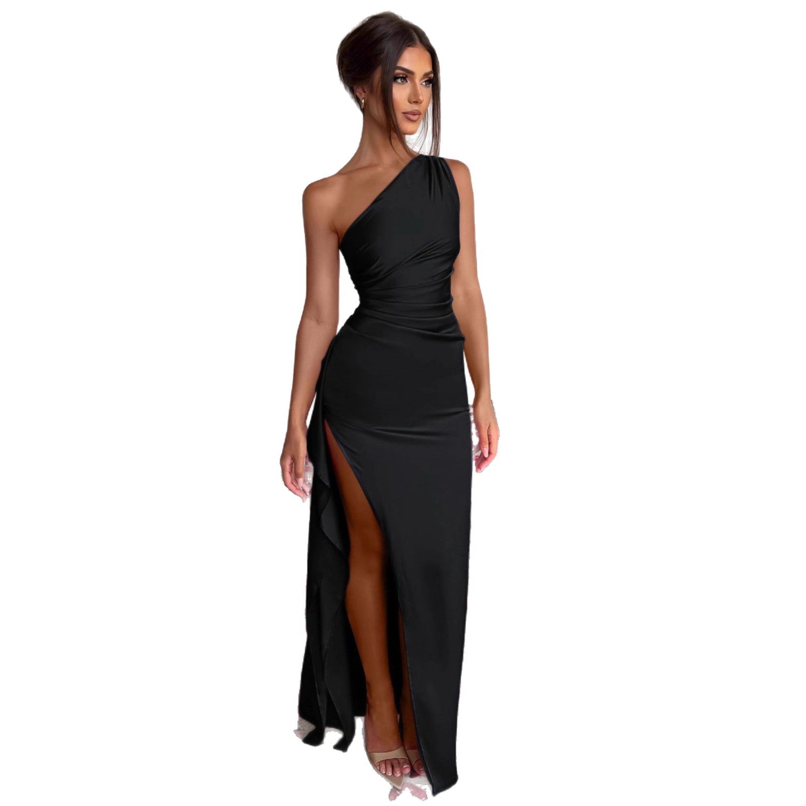 Damen asymmetrisches Abendkleid mit elegantem Schlitz und fließendem Material R&B