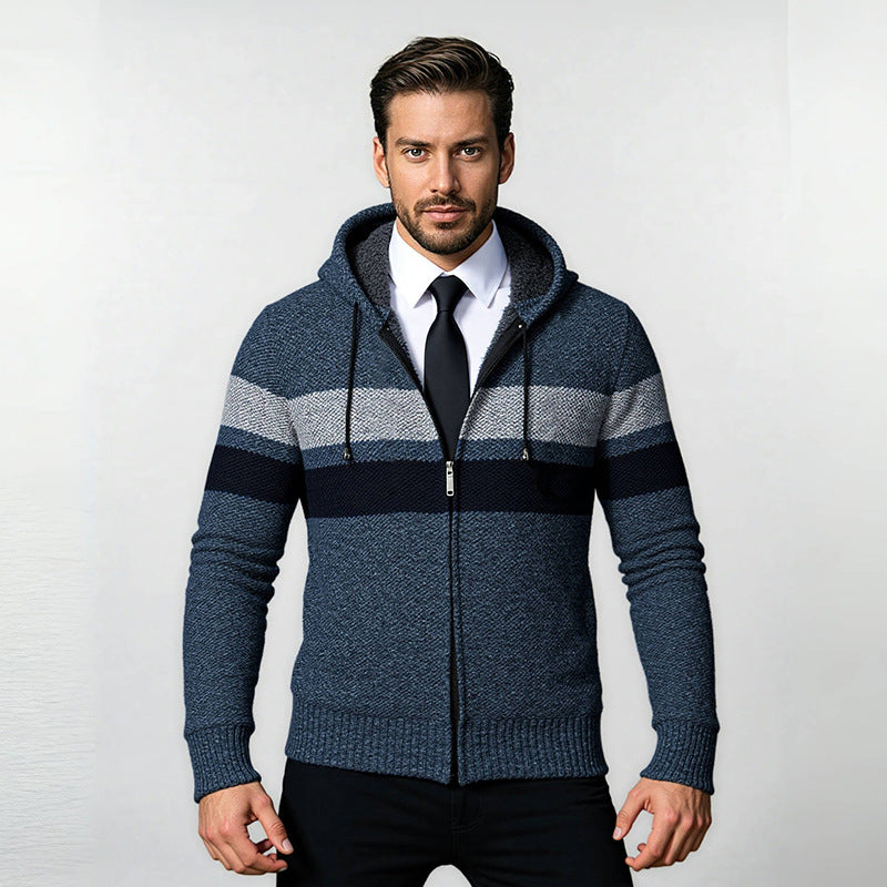 Herren stylische Strickjacke mit Kapuze und innovativem Design