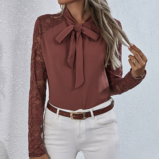 Damen Bluse mit Rüschendetails und Schleifenkragen R&B