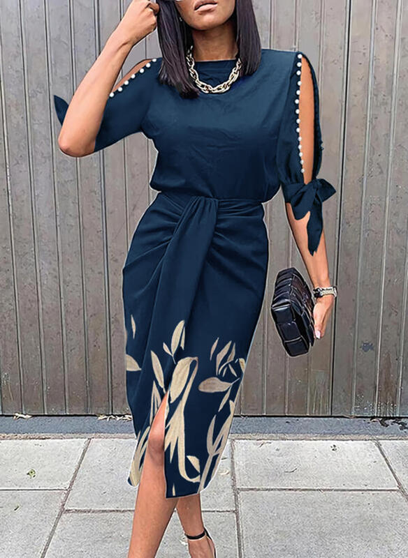 Damen Midikleid mit elegantem Bindegürtel und modischen Cut-Out-Ärmeln R&B