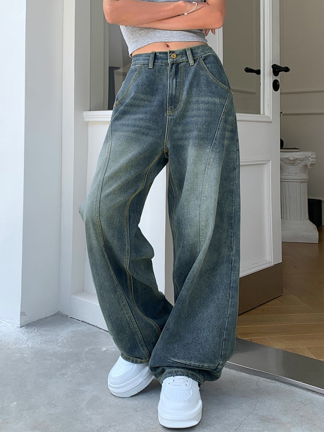 Damen Weite High-Waist Jeans mit markanten Steppnähten und weitem Schnitt R&B