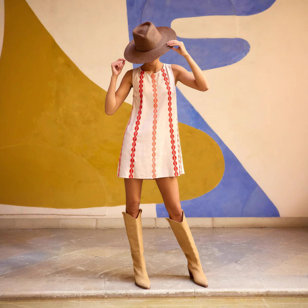 Damen Sommerliches Leinenkleid im eleganten A-Linien-Schnitt mit gestickten Akzenten R&B