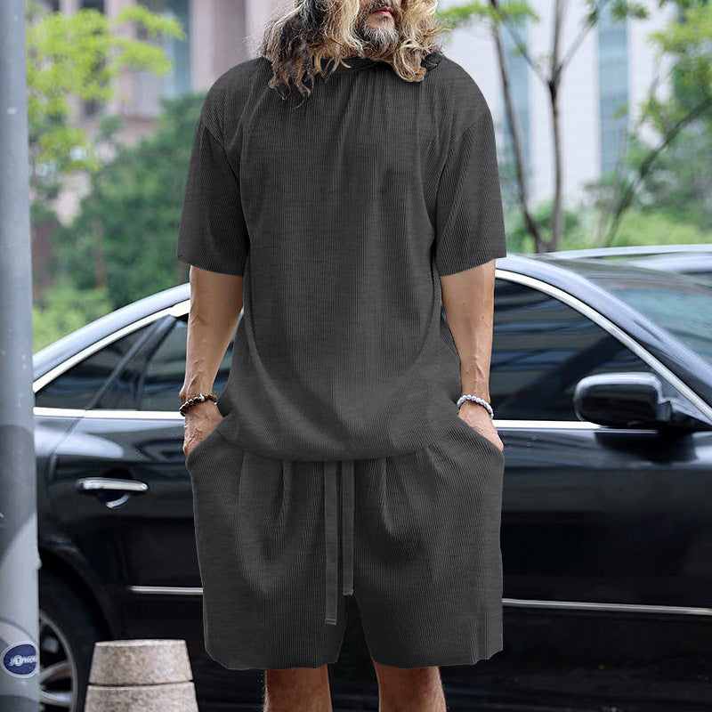 Herren nan modernes geripptes Freizeitset mit weitem Kurzarmshirt und elastischer Tunnelzughose R&B