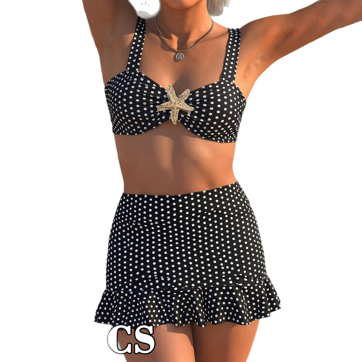 Damen Bikini-Set mit fröhlichem Punkte-Design und lässigem Rockelement R&B