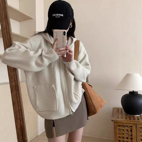 Damen Casual Oversized Strickjacke mit Kapuze und Taschen R&B