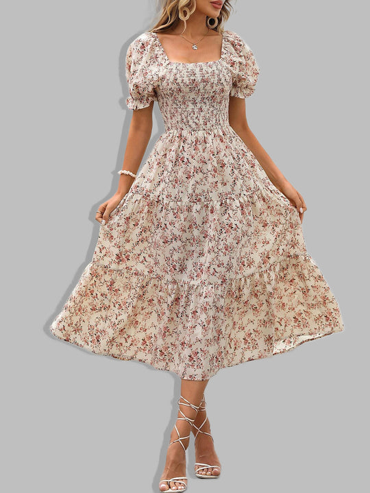 Damen romantisches Midikleid mit Puffärmeln und floralem Design R&B