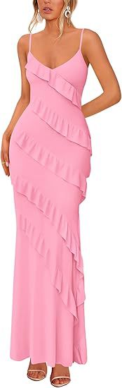 Damen Maxikleid mit Rüschen und Spaghettiträgern R&B