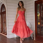 Damen luftiges Maxikleid mit Rüschendetails und verstellbarem Taillenband R&B