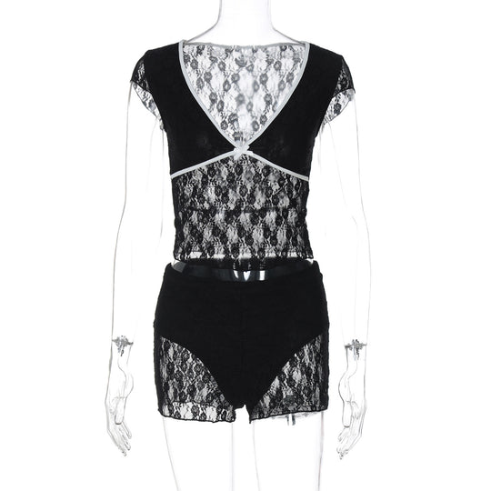 Damen Spitzenoberteil mit Shorts-Set R&B