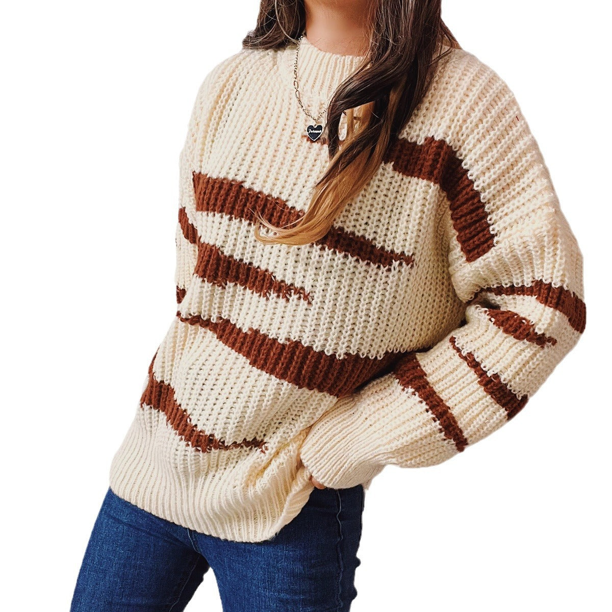 Damen Grobstrickpullover mit luxuriösem Muster und körperbetontem Schnitt R&B