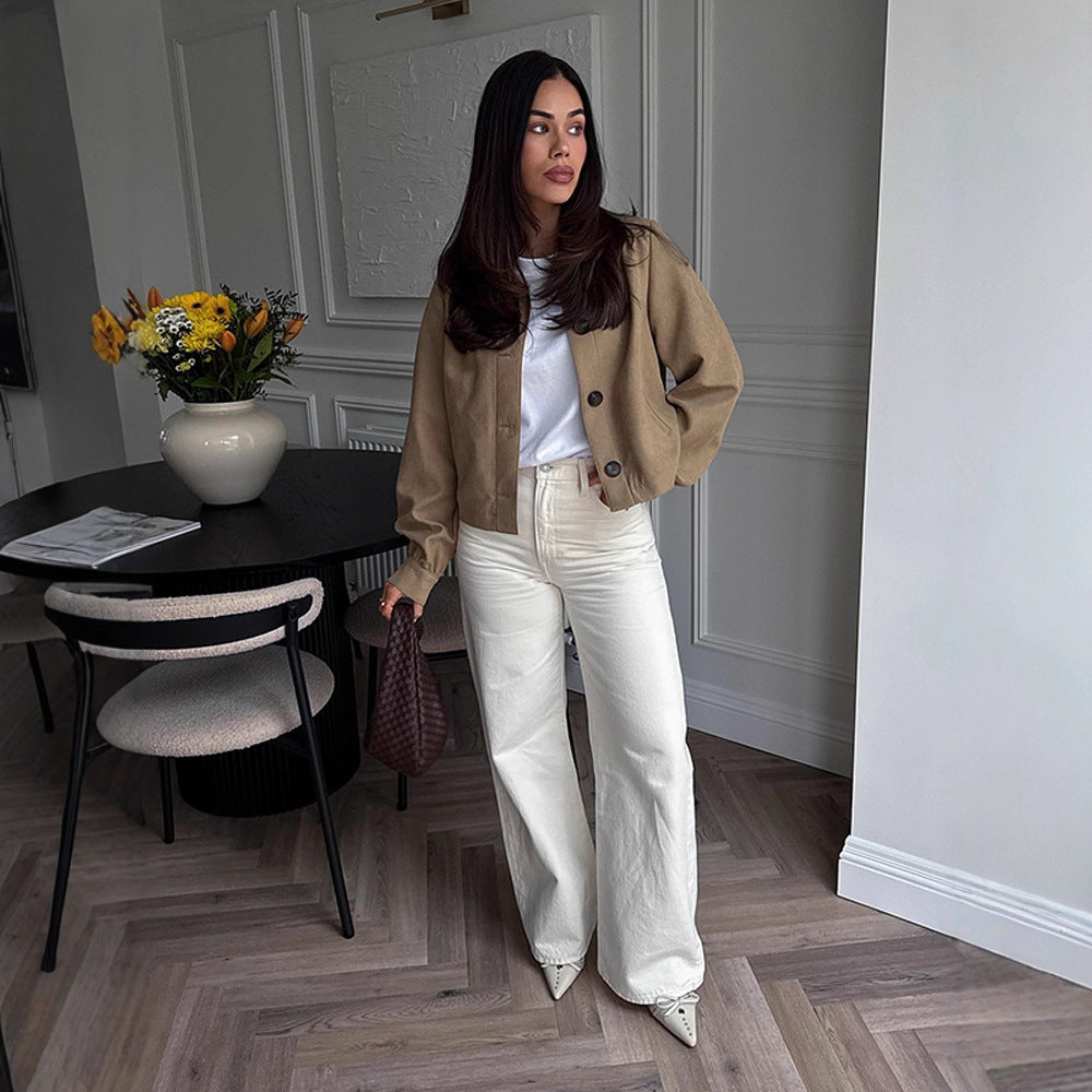 Damen lässige cropped Jacke mit geschmackvollen Knopfdetails R&B
