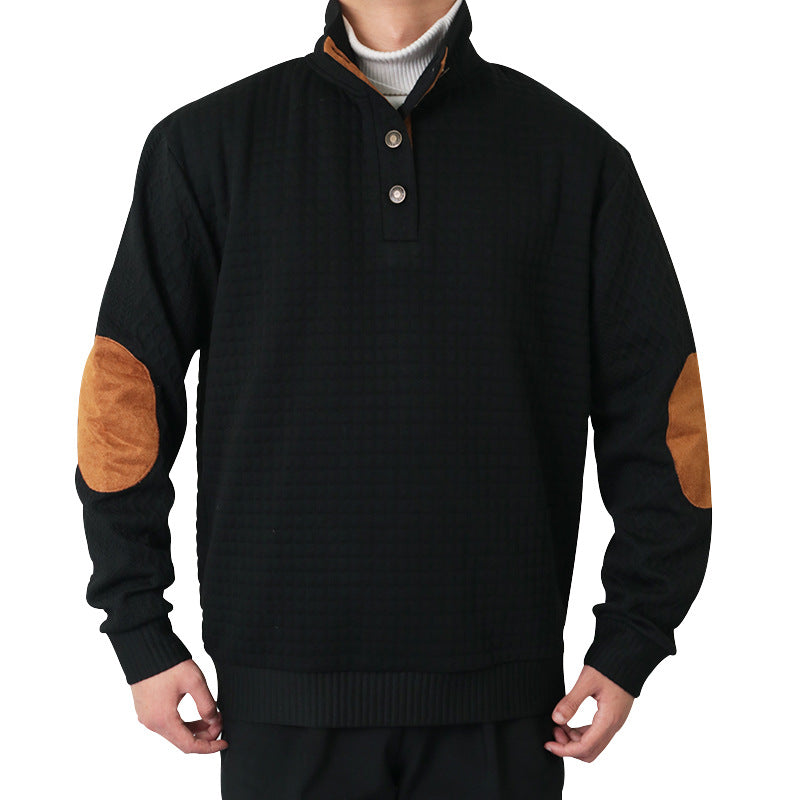 Herren nan Halbknopf-Stehkragenpullover mit Wabenstruktur und Lederbesatz R&B