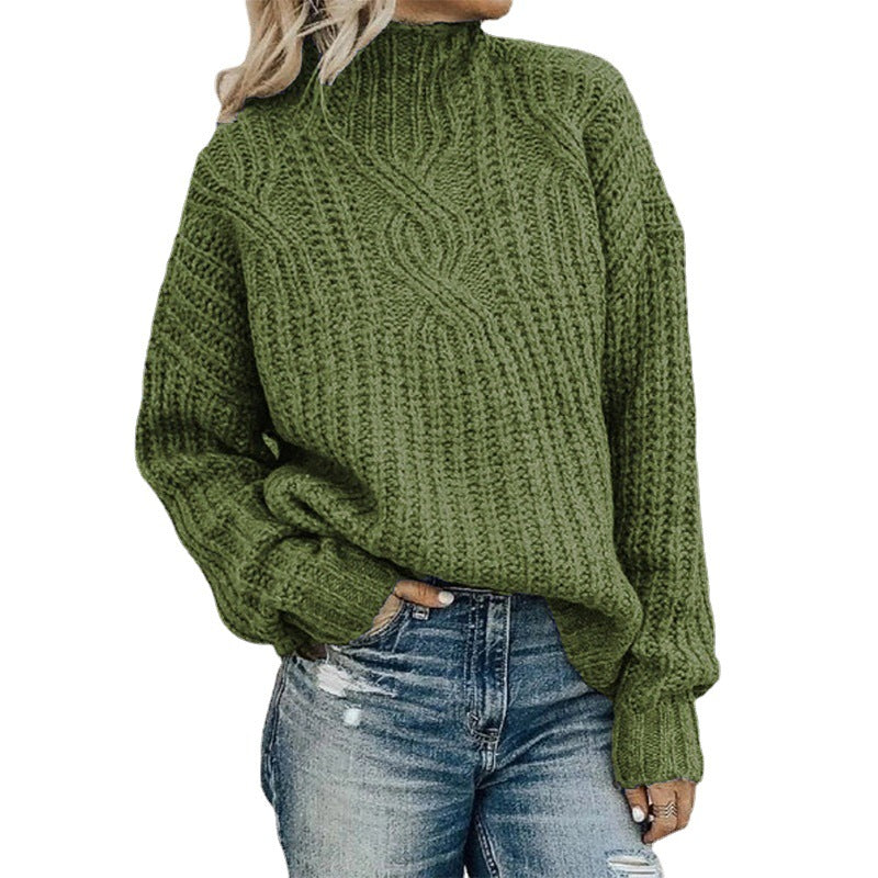 Damen Grobstrickpullover mit hochgeschlossenem Kragen und strukturiertem Zopfmuster