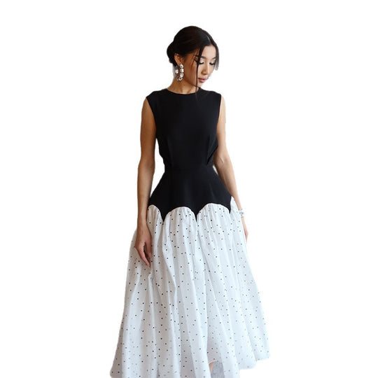 Damen elegantes Maxikleid mit gepunktetem Rockteil und tailliertem Oberteil R&B